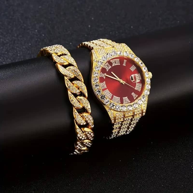 3PCS luxury alloy full diamond rhinestone mirror men’s quartz watch with calendar and Hip Hop Cuban Necklace bracelet set