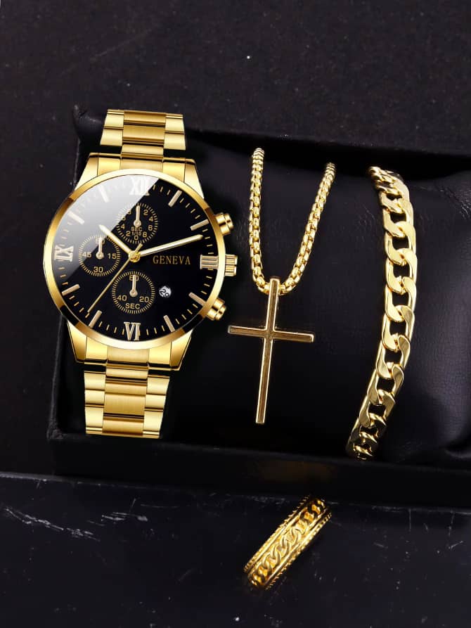 4pcs gold alloy Roman with calendar men’s quartz watch and cross necklace bracelet ring