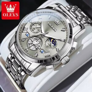 OLEVS Men's Watches Classic Multifunctional Fltwheel Chronograph Original Quartz Wristwatch Moon Phase 24 Hour Waterproof reloj - Image 9