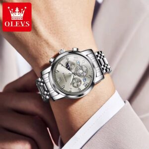 OLEVS Men's Watches Classic Multifunctional Fltwheel Chronograph Original Quartz Wristwatch Moon Phase 24 Hour Waterproof reloj - Image 6