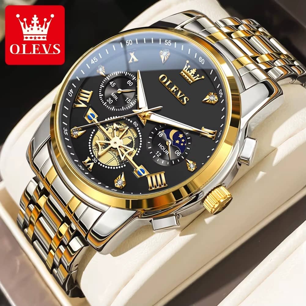 OLEVS Men’s Watches Classic Multifunctional Fltwheel Chronograph Original Quartz Wristwatch Moon Phase 24 Hour Waterproof reloj