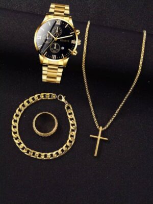 4pcs Gold Alloy Roman Calendar Men's Quartz Watch & Cross Set - Image 5