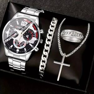 4pcs Gold Alloy Roman Calendar Men's Quartz Watch & Cross Set - Image 7