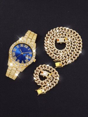 3PCS luxury alloy full diamond rhinestone mirror men's quartz watch with calendar and Hip Hop Cuban Necklace bracelet set - Image 10