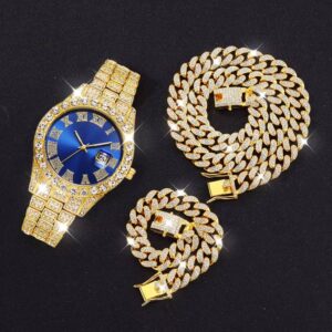 3PCS luxury alloy full diamond rhinestone mirror men's quartz watch with calendar and Hip Hop Cuban Necklace bracelet set