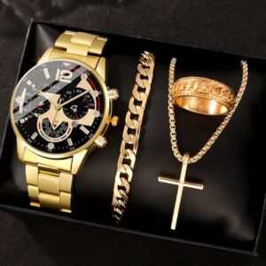 4pcs Gold Alloy Roman Calendar Men's Quartz Watch & Cross Set - Image 3