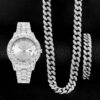 3PCS luxury alloy full diamond rhinestone mirror men's quartz watch with calendar and Hip Hop Cuban Necklace bracelet set - Image 3