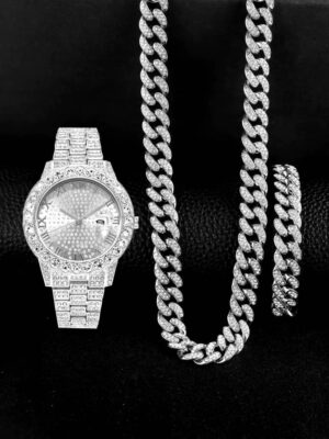 3PCS luxury alloy full diamond rhinestone mirror men's quartz watch with calendar and Hip Hop Cuban Necklace bracelet set - Image 3