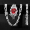 3PCS luxury alloy full diamond rhinestone mirror men's quartz watch with calendar and Hip Hop Cuban Necklace bracelet set - Image 6