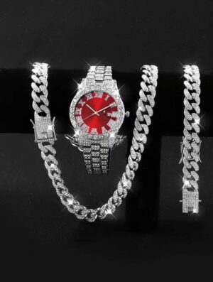 3PCS luxury alloy full diamond rhinestone mirror men's quartz watch with calendar and Hip Hop Cuban Necklace bracelet set - Image 6