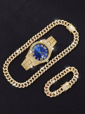 3PCS luxury alloy full diamond rhinestone mirror men's quartz watch with calendar and Hip Hop Cuban Necklace bracelet set - Image 4
