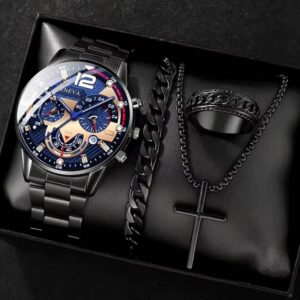 4pcs gold alloy Roman with calendar men's quartz watch and cross necklace bracelet ring