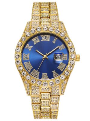 3PCS luxury alloy full diamond rhinestone mirror men's quartz watch with calendar and Hip Hop Cuban Necklace bracelet set - Image 5