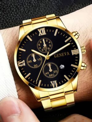 4pcs Gold Alloy Roman Calendar Men's Quartz Watch & Cross Set - Image 8