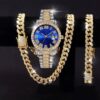 3PCS luxury alloy full diamond rhinestone mirror men's quartz watch with calendar and Hip Hop Cuban Necklace bracelet set - Image 7