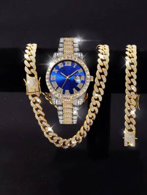 3PCS luxury alloy full diamond rhinestone mirror men's quartz watch with calendar and Hip Hop Cuban Necklace bracelet set - Image 7