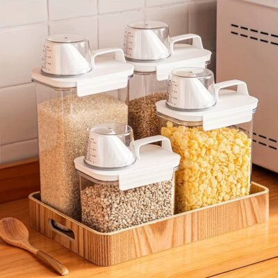 High Quality Airtight Grain Storage Box with Measuring Cup Lid Sets for Home Kitchen Grain Storage Jar