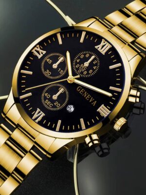 4pcs Gold Alloy Roman Calendar Men's Quartz Watch & Cross Set - Image 9