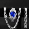 3PCS luxury alloy full diamond rhinestone mirror men's quartz watch with calendar and Hip Hop Cuban Necklace bracelet set - Image 8