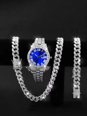 3PCS luxury alloy full diamond rhinestone mirror men's quartz watch with calendar and Hip Hop Cuban Necklace bracelet set - Image 8