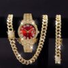 3PCS luxury alloy full diamond rhinestone mirror men's quartz watch with calendar and Hip Hop Cuban Necklace bracelet set - Image 9