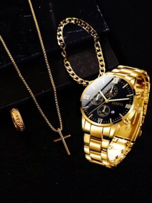 4pcs Gold Alloy Roman Calendar Men's Quartz Watch & Cross Set - Image 10