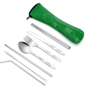 7pcs/ Set Stainless Steel Tableware Set Outdoor Portable Cloth Bag Knife Fork Spoon Chopsticks Straw Rich Flowers Seven Sets - Image 10