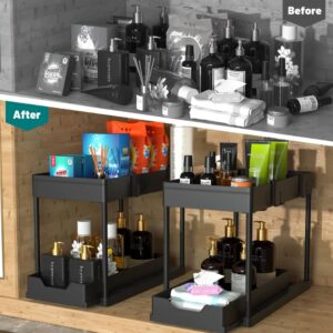 2 Tier Under Sink Organizer Sliding Cabinet Basket Organizer Storage Rack with Hooks Hanging Cup Bathroom Kitchen Organizer - Image 3