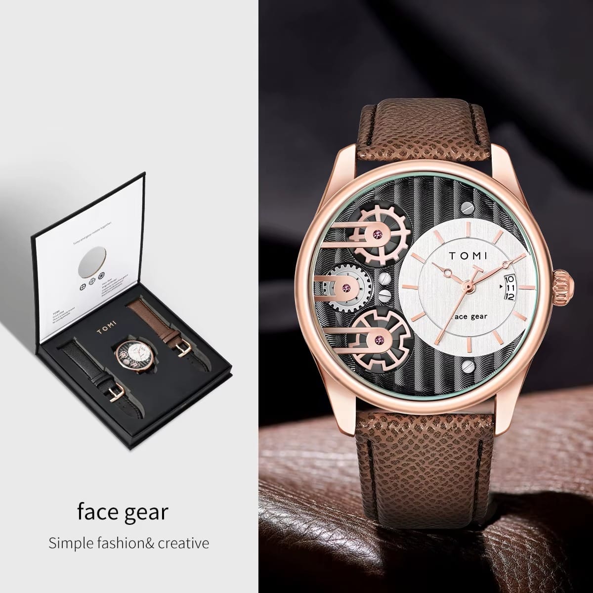 TOMI Men’s Gift Box Combination Set Watch Luxury and Simple Business Detachable Strap Quartz Watch Men’s Watch Festival Gift