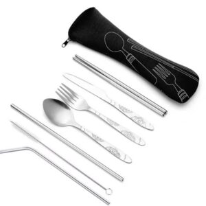 7pcs/ Set Stainless Steel Tableware Set Outdoor Portable Cloth Bag Knife Fork Spoon Chopsticks Straw Rich Flowers Seven Sets - Image 5