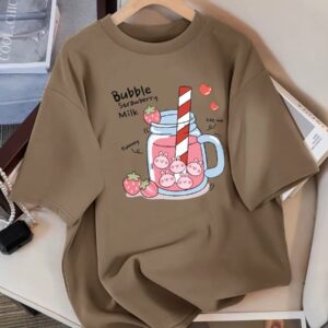 Delicious Strawberry Beverage Print Women T Shirt Summer Breathable Tee Cotton Street Clothing Casual Sport Cool Short Sleeve