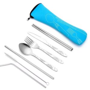 7pcs/ Set Stainless Steel Tableware Set Outdoor Portable Cloth Bag Knife Fork Spoon Chopsticks Straw Rich Flowers Seven Sets - Image 7