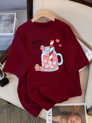 Delicious Strawberry Beverage Print Women T Shirt Summer Breathable Tee Cotton Street Clothing Casual Sport Cool Short Sleeve - Image 4