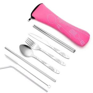 7pcs/ Set Stainless Steel Tableware Set Outdoor Portable Cloth Bag Knife Fork Spoon Chopsticks Straw Rich Flowers Seven Sets - Image 9