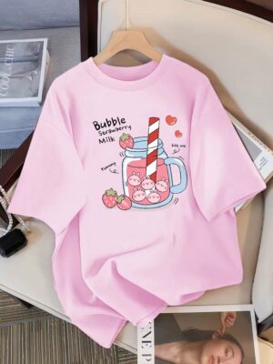 Delicious Strawberry Beverage Print Women T Shirt Summer Breathable Tee Cotton Street Clothing Casual Sport Cool Short Sleeve - Image 7