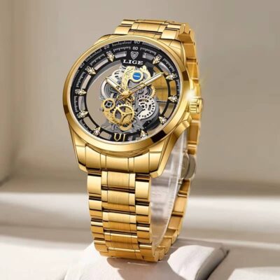 LIGE Men Watch Skeleton Automatic Quartz Watch Gold Skeleton Vintage Man Watch Mens Watches Top Brand Luxury часы мужские - Image 4
