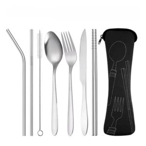 7pcs/ Set Stainless Steel Tableware Set Outdoor Portable Cloth Bag Knife Fork Spoon Chopsticks Straw Rich Flowers Seven Sets - Image 4