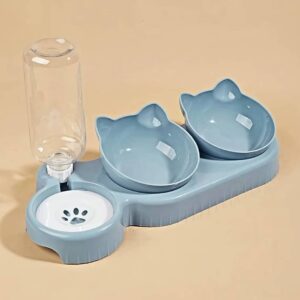 Pet Bowls With Water Feeder, 3 In 1 Ear Design Tilted Cat Water And Food Bowl Set With Gravity Water Bottle For Neck Protection - Image 3
