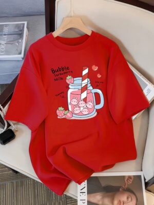 Delicious Strawberry Beverage Print Women T Shirt Summer Breathable Tee Cotton Street Clothing Casual Sport Cool Short Sleeve - Image 12