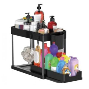 2 Tier Under Sink Organizer Sliding Cabinet Basket Organizer Storage Rack with Hooks Hanging Cup Bathroom Kitchen Organizer - Image 4