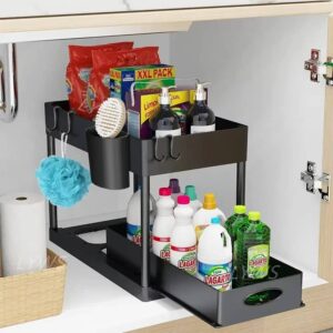 2 Tier Under Sink Organizer Sliding Cabinet Basket Organizer Storage Rack with Hooks Hanging Cup Bathroom Kitchen Organizer - Image 5