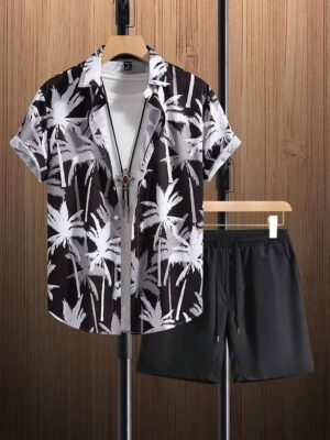 Summer Men's Short Sleeve Shirt and Beach Shorts Set
