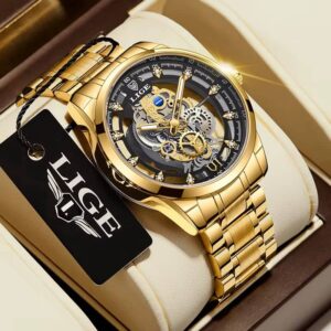 LIGE Men Watch Skeleton Automatic Quartz Watch Gold Skeleton Vintage Man Watch Mens Watches Top Brand Luxury часы мужские