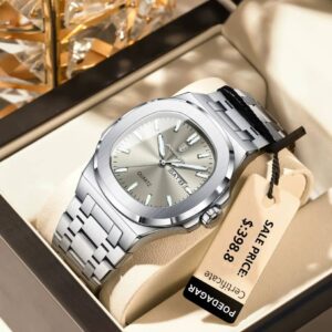 POEDAGAR Luxury Military Man Watch Square Waterproof Luminous Date Week Men Watch Stainless Steel Quartz Men's Watches Reloj+box - Image 10