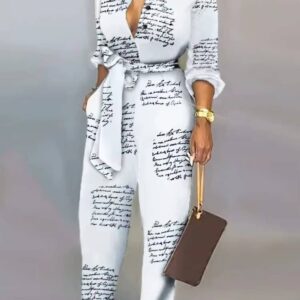 Women Fashion Letter Print Long Sleeve Jumpsuit