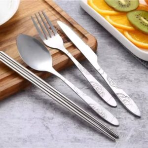 7pcs/ Set Stainless Steel Tableware Set Outdoor Portable Cloth Bag Knife Fork Spoon Chopsticks Straw Rich Flowers Seven Sets