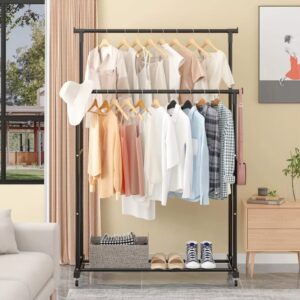 Double-Rod Clothes Rack with Hooks & Wheels