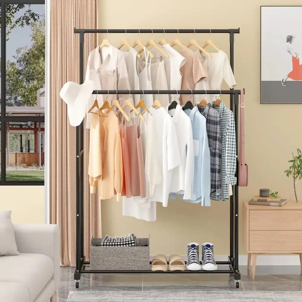 Double-Rod Clothes Rack with Hooks & Wheels