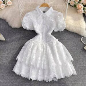 Vintage Elegant Lapel White Embroidery Puff Sleeve A-Line Cake Dress - Image 4