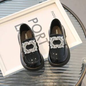Girls Square Rhinestone Patent Leather Loafers - Image 3